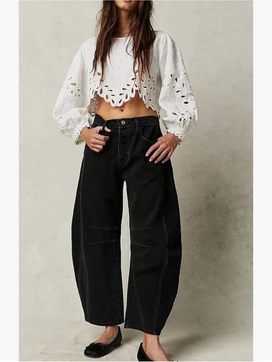 Denim - Iconic Black Mid Rise Barrel Wide Leg Baggy Cotton Blend Jeans Size Small